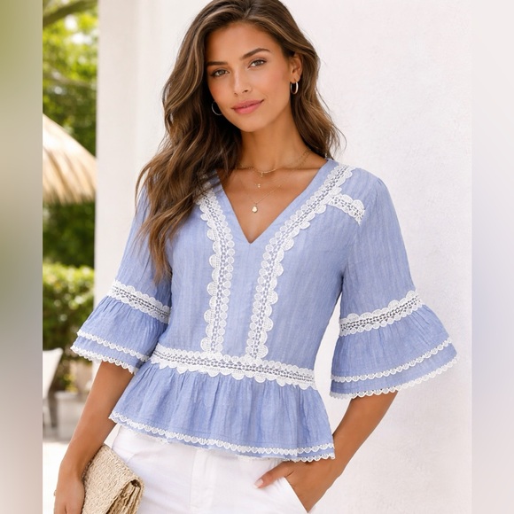 J. Crew Tops - J Crew Blue Chambray Lace Peplum Blouse M Bell Sleeve Festival Cottagecore NWT